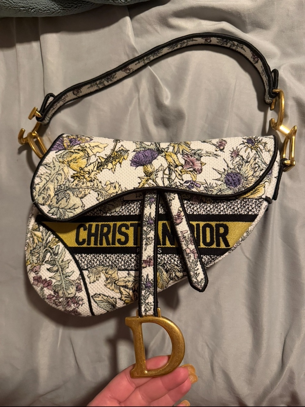 Dior Floral White, Yellow & Purple Saddle Bag with Gold 'D' Charm